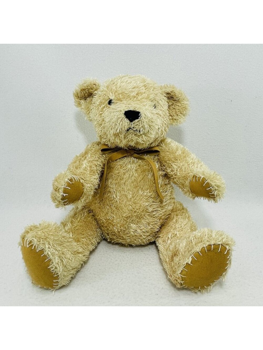 PBK Pottery Barn Kids Bear Plush Toy Sitting Sitter Leather Bow Collar Stitched